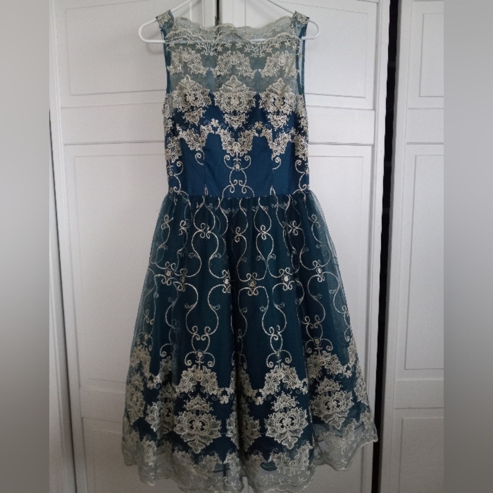 Chi Chi London Reign or Shine Turquoise Tea Dress sz 6